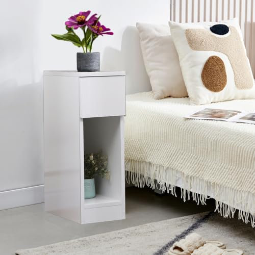 Slim Bedside Table Bedroom Nightstand with Open Shelf & Drawer, Narrow End Table Sofa Side Table for Living Room, Compact Wooden Lamp Table Telephone Table for Home Office, White