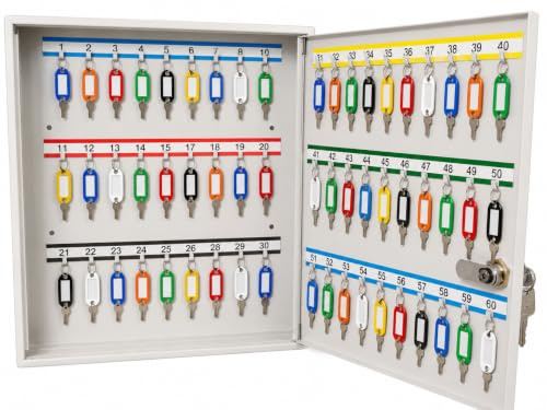 LEOMAR Schlüsselschrank, Schlüsselkasten mit 60 Haken, Schlüsselbox aus Stahlblech, mit Festen Hakenleisten, Organizer zur Wandbefestigung, Abschließbar, mit Montagematerial, 6 x 35 x 32 cm