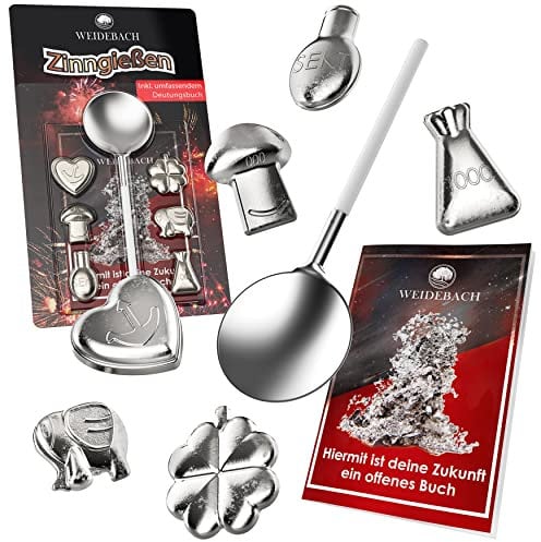 WEIDEBACH® Zinngießen Set [VERSION 2024] 6 Figuren, Bleigießen Alternative inkl. Buch mit über 500 Deutungen, ungiftiges Zinn Giessen als Silvester Spiel, umweltfreundlich Zinn Giessen Set, Silvester