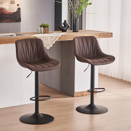 YOUNIKE Bar Stools Set of 2, Swivel Tall Barstools with Back, Adjustable Height Faux Leather Upholstered Modern Counter Height Bar Chairs, Espresso Brown