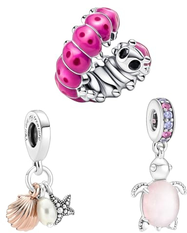 Feitery Ensemble de Trois(Tortues de mer-Chenille-Coquillage) Charms Compatible avec les Bracelets et Colliers Pandora Voyageant Perles pour Femme
