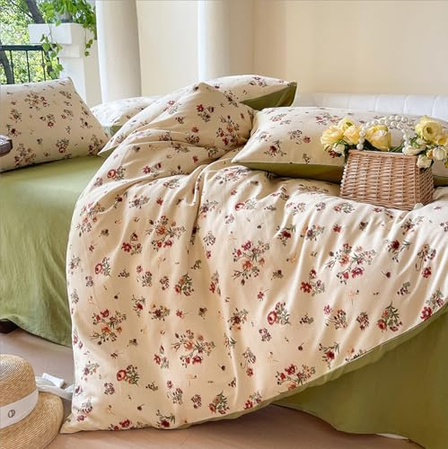 Freyamy Blumen Bettwäsche 135x200cm 2teilig Grün Beige Bunt Blätter Pflanzen Wendebettwäsche Floral Mädchen Bettwaren-Sets 100% Microfaser Bettbezug mit Reißverschluss und Kissenbezug 80x80cm