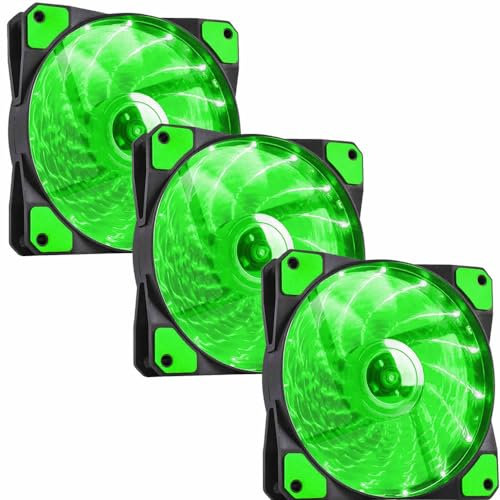 JUSTOP 3 pcs Pack 120MM Green LED PC Case Fans, Low Noise High Airflow Cooling Fan, With 3-Pin Or 4-Pin Molex Connectors (Green LED)