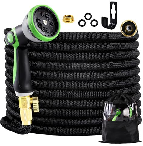 VNV 10-Funktions Gartenschläuch - Flexibel, Erweiterbar, 100 ft/30m - Bewässerung, Gartenarbeit, Autowäsche - Mit Aufhänger und Messing-Adapter