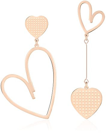 Linawe Rose Gold Heart Dangle Earrings for Women, Titanium Stainless Steel Hypoallergenic Drop Earrings Dangling, Asymmetrical Mismatched Big Heart Jewellery Cute Fun Love Earrings