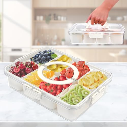 Boîte à snacks avec compartiments, boîte à snacks avec 8 compartiments, boîte de rangement avec couvercle, assiette à snacks avec couvercle et poignée, boîte à snacks avec compartiments