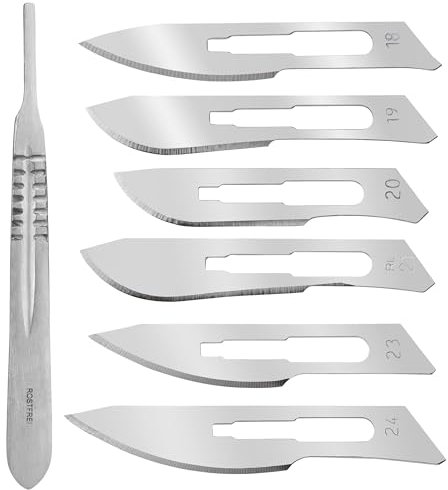 Juego de 60 cuchillas de bisturí estériles individuales, figuras 18, 19, 20, 21, 23 y 24, 10 unidades cada una, con soporte para bisturí figura 4