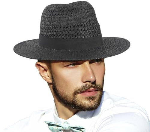 Ruphedy Chapeau Fedora en paille pour homme et femme - Chapeau d'été à large bord - Chapeau Panama ventilé et léger, F049-Noir, M