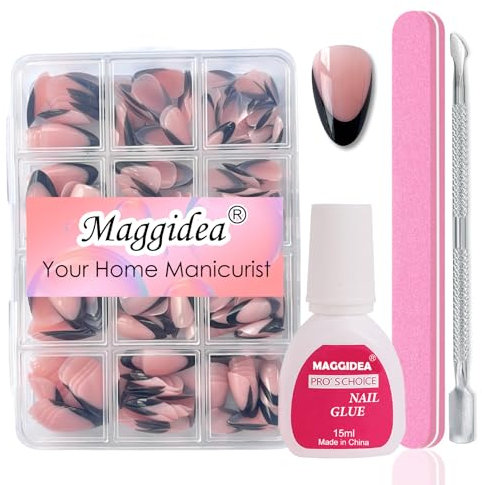 Maggidea French False Nails Kit, Black Tips Press on Nails, 240 Pcs False Nails With Glue Fake Nail Pink Color Glossy Full Cover Glue on Nails Nail Art Manicure (Short Almond-Deep Arc)