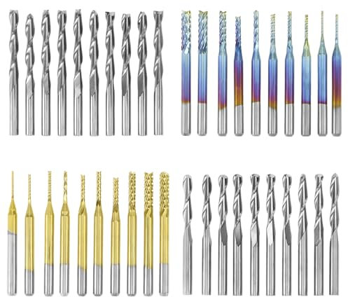QWORK® Juego de 40 Brocas de Fresado CNC - Diámetros de Corte de 0,8 mm a 3,175 mm - Vástago de 3,175 mm - Carburo de Tungsteno Ultrafino con Recubrimiento Nano Azul/Recubrimiento de Titanio
