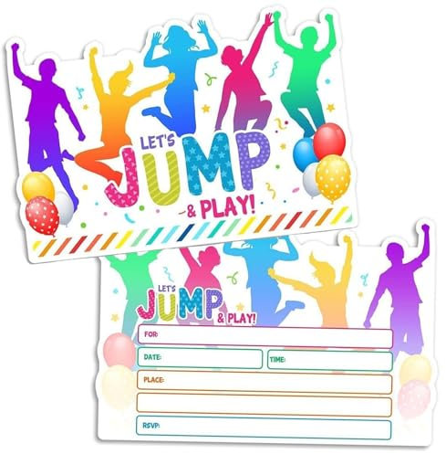 Xinfin Let's Jump & Play Jumping Party Invitations, 12Pcs Trampoline Jump Birthday Invite for Kids Boys Girls, Birthday Party Supplies