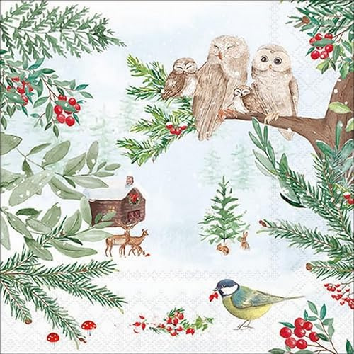 20 Servietten Winter Eulen schauen auf Winterhütte als Tischdeko. Papierservietten mit Motiv. Auch für Decoupage und Serviettentechnik 33x33cm