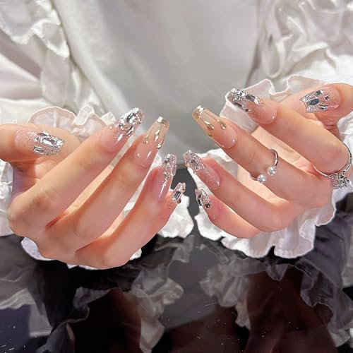 Pure Handmade Nails Press on Nail Reusable Fake Nails White Rhinestones Bling Bling Nude Medium Stick on Nails French Tip False Nails 10pcs (S, Q161LT)