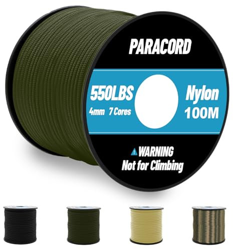 Omtofo 100m Paracord 4mm 550 lbs Cuerda Paracord de Nylon Tipo II de Paracaídas 7 Hebra Cuerda para Exteriores de Supervivencia para Todo Uso（Army Green）