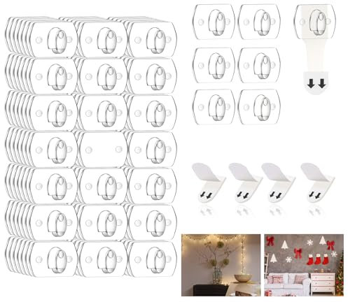 AUAUY 7 Pack Indoor Decorating Clips Mini Hooks, Damage Free Christmas String Light Hooks with Adhesive Strips, Clear Wall Clips for Hanging Lights Xmas Decor and Cables, 140 Clear Clips & 140 Strips