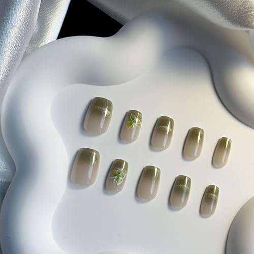 INCHIC Nature Touch, Short Squoval, Ombre Sheer Sand to Sage Green with Butterfly, 30 Pcs Press on Nail