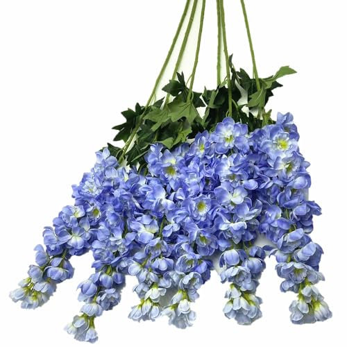 forestmistry Künstliche Rittersporn Blume mit langem Stiel, Consolida Ajacis, groß, Seidenfett, Delphinium, Blau, 6 Stück