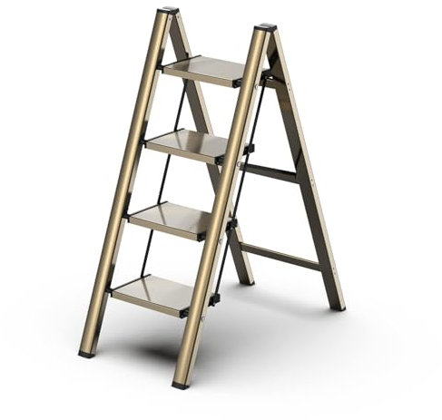GameGem Escalera de 4 Peldaños, Taburete Plegable con Plataforma Ancha Antideslizante de Aluminio Ligero Pero Resistente, Carga Máxima 150 kg, Diseño Moderno para Espacios Domésticos Interiores