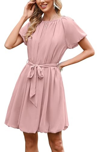 Theenkoln Damen Sommer Minikleid Kurzarm Sommerkleid Puff Ärmel Partykleid Rundhals Strandkleid Lässig A-Linien Kleid mit Taschen und Gürtel Rosa S
