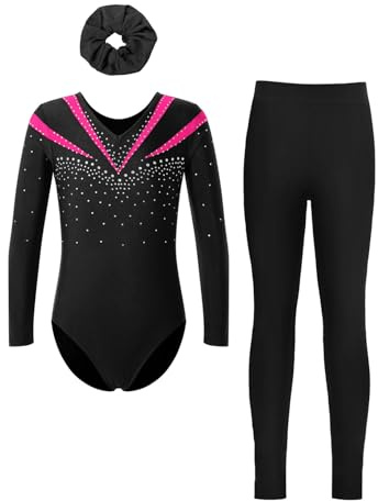 Nyeemya Turnanzug Mädchen Langarm Gymnastikanzug Kinder Strass Glitzer Trikot Streifen Patchwork Body Mit Hose Haarband Tanzkostüm Set 5-16 Jahre