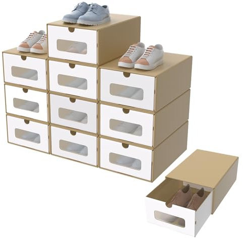 HENGMEI Schubladenbox Aufbewahrungsbox 10er Boxen-Set mit Sichtfenster und Schublade Schuhbox Schuhkiste Pappkarton aus Kraftpapier Schuhschachtel, Schuhkarton Spielzeug-Box, 345x235x135mm
