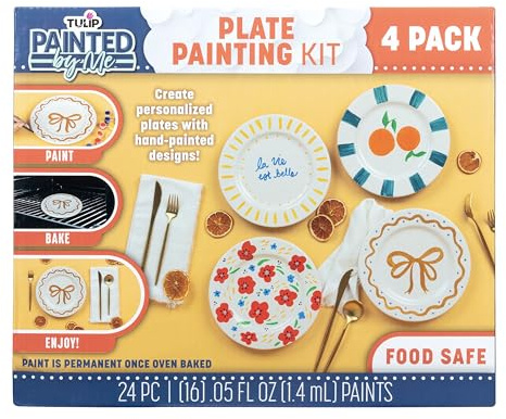 Kit per Pittura in Ceramica Tulip Dipinto da Me – 4 Piatti Dipingibili, 16 Colori Sicuri per Alimenti & 4 Pennelli, Lavabile in Lavastoviglie, Dipingi la Tua Ceramica a Casa