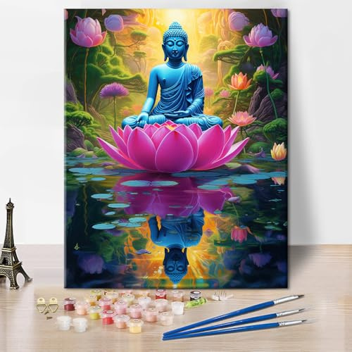 TISHIRON Malen nach Zahlen-Set für Erwachsene, Buddha mit Lotusblume Kunstwerk Digitale Malerei Erwachsenen Farbtafel Set,Spirituelle Blumen-Statue für Meditationsraum Dekor 40 X 50cm