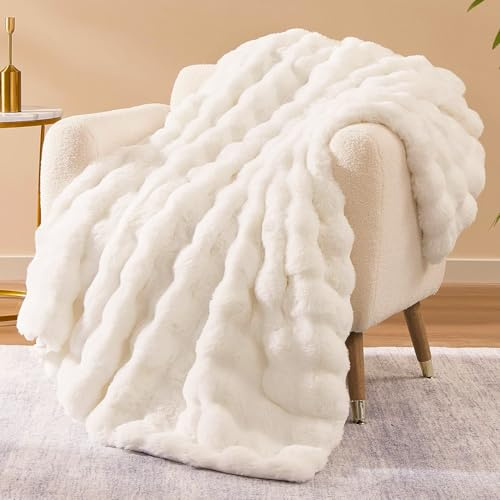 Weaveinbay Kunstpelz-Decke, Flauschige weiche Plüschdecke mit Dicker Bubble-Kaninchenfellstruktur für Bett, Couch, Sofa, Beige, 127 × 152 cm