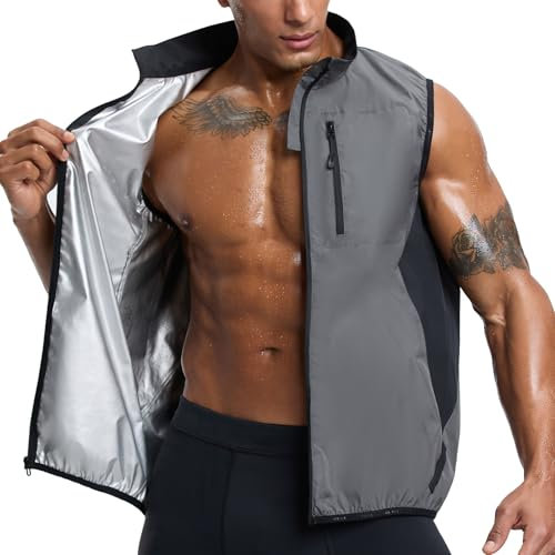 HOTSUIT Sauna Shirt for Men Portable Men's Sauna Vest Full Zipper Sweat Vest Heart Trapping Waist Tranier Workout Body Shaper Sauna Top GreyM