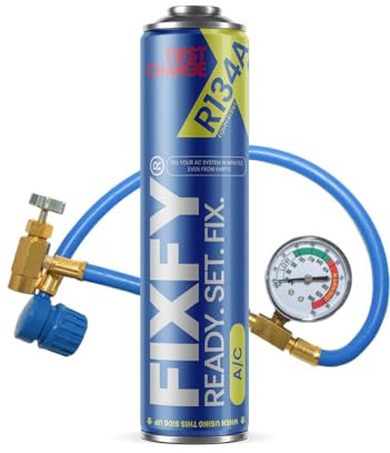 FIXFY First Charge Premier remplissage, préparation 2 en 1 avec réfrigérant R134a de rechange et teneur élevée en huile, kit avec tuyau et manomètre, bombe de 500 ml, pour climatisation vide (à