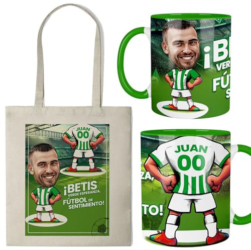 Kembilove® Taza personalizada caricatura Betis | Regalo original para béticos | Taza + bolsa personalizada con nombre y dorsal | Sentimiento verdiblanco | Afición real y regalo inolvidable