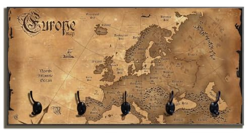 Wallario Wandgarderobe aus Holz in Größe 80 x 40 cm in Premium-Qualität, Motiv: Alte Weltkarte Karte von Europa in englisch | 5 Kleiderhaken zum Aufhängen