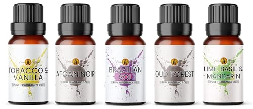 Fragrance Oil Diffuser Set 5 x 10ml | for Candle Making, Wax Melts, Soaps, Perfume | Inspired Fragrant for Her & Him | Afgan Noir, Oud Forest, Tobacco & Vanilla, Brazilian Sol & Lime Basil & Mandarin