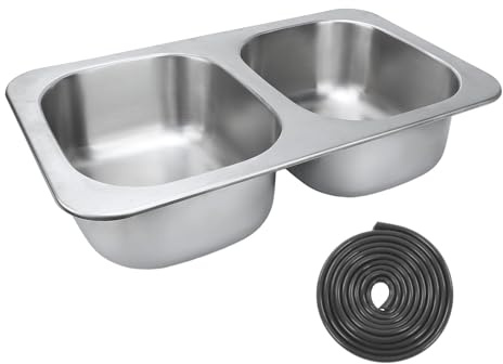 AOWINHIT Edelstahl-Doppelbecken-Küchenspüle 304, Robuste Doppelwaschbecken-Barspüle mit 40-Mm-Ablaufloch für Wohnmobil, Boot, Yacht, 636 X 380 X 150 Mm, 13 L X 2