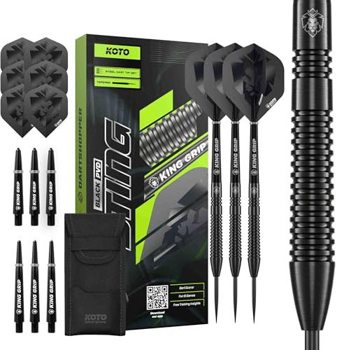 KOTO – Sting Black 90% Tungsten Darts, 10G-32G, Schwarz, Mit Extra Flights und Shafts, Steeldarts, Dartpfeile Profi Set | 25 G Steeldart Pfeile, Inkl. 3 Barrels, 6 Dart Flight & 6 Shaft, Mit Dart-Wallet, Präzise Gefrästem Ringgrip