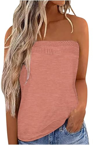IWOLLENCE Strapless Tops for Women UK Bandeau Vest Ladies Boobtube Summer Tops Asymmetrical Front to Back Design Lightweight and Breathable (Coral, L)