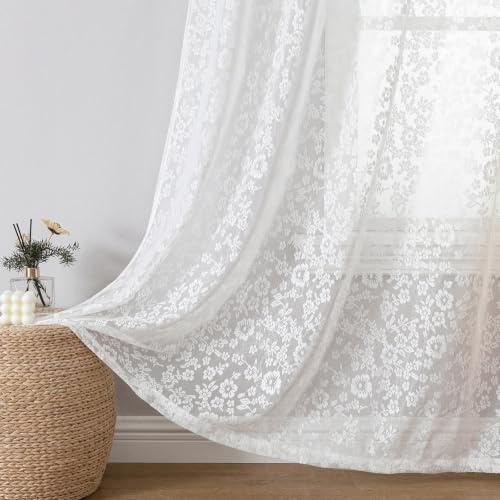 Gazal Vole Tende voile bianche jacquard con piccoli fiori, H220 x L140 cm, set 2 pannelli, tende semitrasparenti con occhielli, effetto pizzo, cameretta soggiorno camera