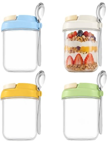 4 Pcs Glass Overnight Oats Jars, Handle Spoon Airtight Lid Meal Prep Pots | 450mlReusable Breakfast Containers, for Chia Pudding Yoghurt Cereal