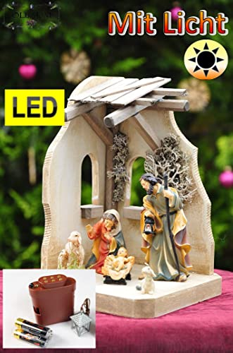 Oelbaum Weihnachtskrippe mit Figuren 14-TLG. (inkl. Premium-Krippenfiguren), inkl. Beleuchtungsset, Beleuchtung MIT Laterne, LED, Batteriefach MIT Schalter - Komplettset