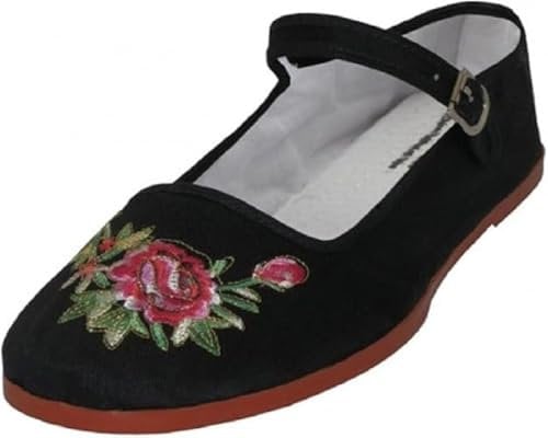 Shoes 18 Womens Cotton China Doll Mary Jane Shoes Ballerina Ballet Flats 114 Black Emb UK 6
