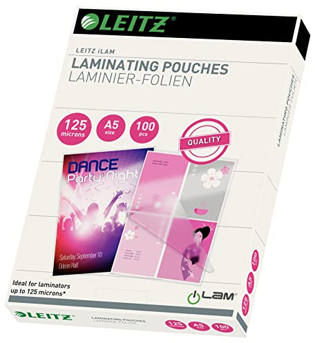 Leitz Heißlaminierfolien A5 125 mic, Hochwertige Laminierfolien im 100er Pack, mit abgerundeten Ecken, transparent, glänzend, für den Einsatz zu Hause oder im Büro, 33807