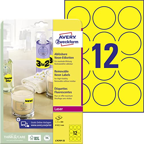 AVERY Zweckform L7670Y-25 runde leuchtend neongelbe Etiketten (300 Afukleber, Ø63,5mm auf A4, selbstklebend, bedruckbar, wiederablösbar, farbige Klebeetiketten zum auffälligen Kennzeichnen) 25 Blatt