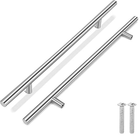 Flexzion 10 Pack Kitchen Cabinet Handles Silver Drawer Pulls 14 inch, 8.7 inch Hole Center, Stainless Steel T Bar with Satin Brushed Nickel, Hardware for Kitchen Cupboard Door Bathroom Furniture