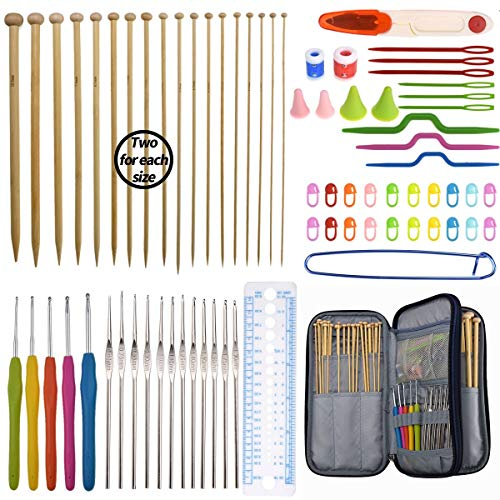 Knitting Kit with Accessories – Crochet Hooks Set with Bamboo Knitting Needles – Includes Carrying Storage Case, Scissors, Needle Point Protectors – Ideal for Beginners, Kids, Adults