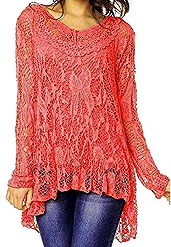 Summer Holiday Dip Hem Crochet Mesh Tunic Plus Size Vest Twin Top Lagenlook Lace Tunic Long Sleeve Dress R33 Celebmodelook ® Coral