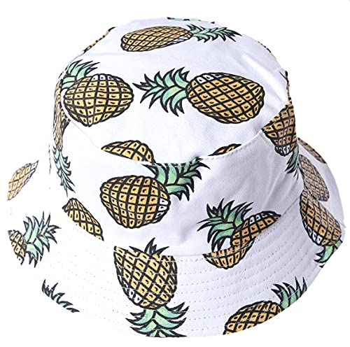 Damen Obst Drucken Reversibel Eimer Hüte Herren Sonne Fischer Draußen Mütze (Ananas-Weiß)