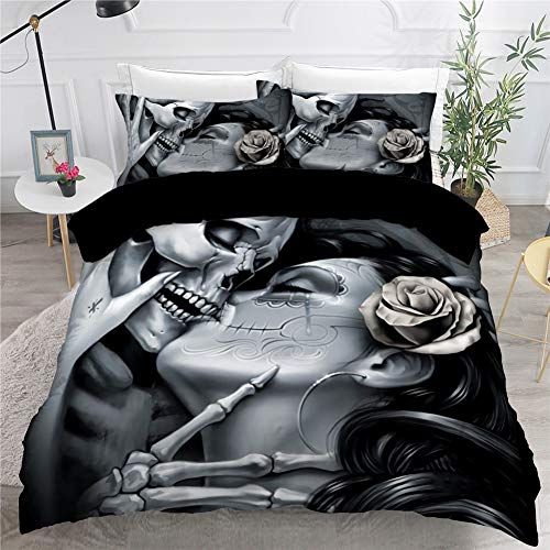Timiany Bettwäsche Set Schädel & Rosen Bettbezug 135x200cm, Halloween Gotisch Totenkopf Hypoallergen Mikrofaser Bettbezüge Und 2 Kissenbezug 80x80cm (Rosen,200x200+80x80)