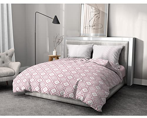 Home Passion | Housse de Couette - 3 Pièces | 100% Coton - 57 Fils | 2 Personnes - 220x240 cm | Fox Trot Blanc & Rose POUDREE