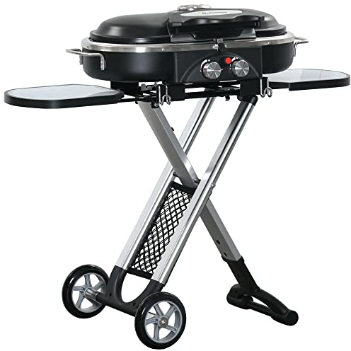 Outsunny Barbacoa de Gas Plegable con 2 Quemadores 2,34 KW BBQ de Gas con 2 Ruedas 2 Parrillas Metálicas y 2 Mesas Laterales para Pícnic Camping 100x41,6x82,5 cm Negro