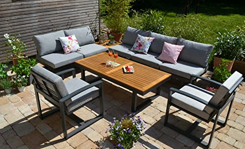 bomey Ecklounge Santorini Acacia Wood XL I Lounge-Set aus Tisch & Sessel I Höhenverstellbarer Tisch + 2 Lounge Sessel I Tischplatte und Seitenablage der Sofagarnitur aus hochwertigem Acacia Hartholz
